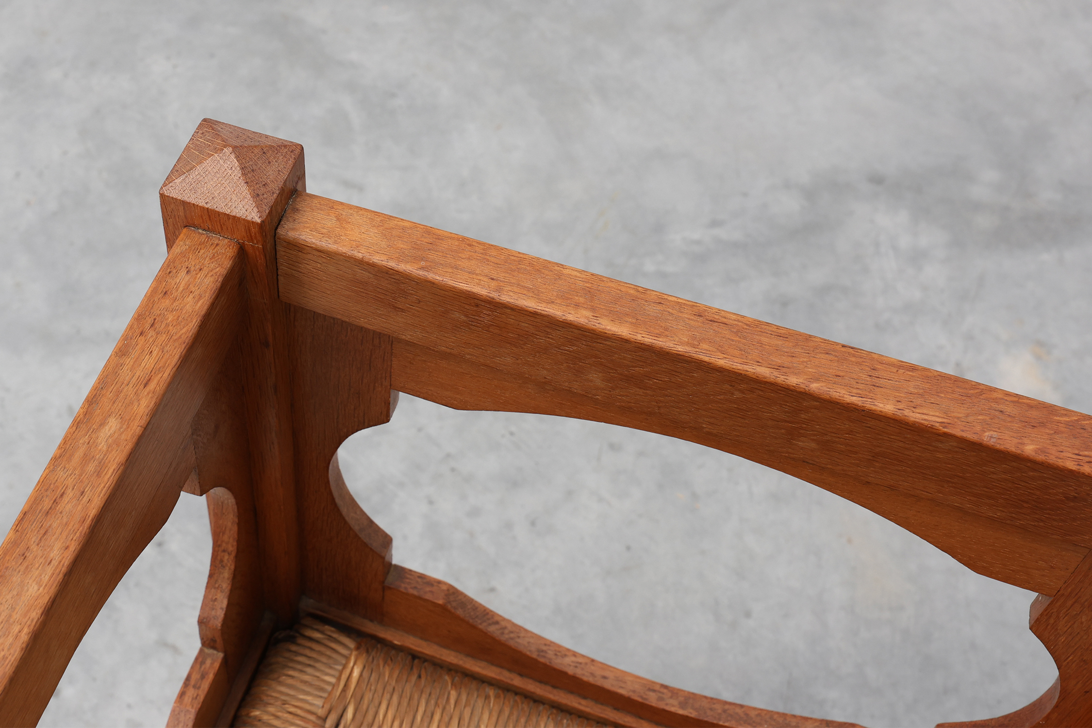 Art Deco Oak Corner Chair with Cut‑Out Backrest and Rush Seat, Belgium, circa 1920thumbnail